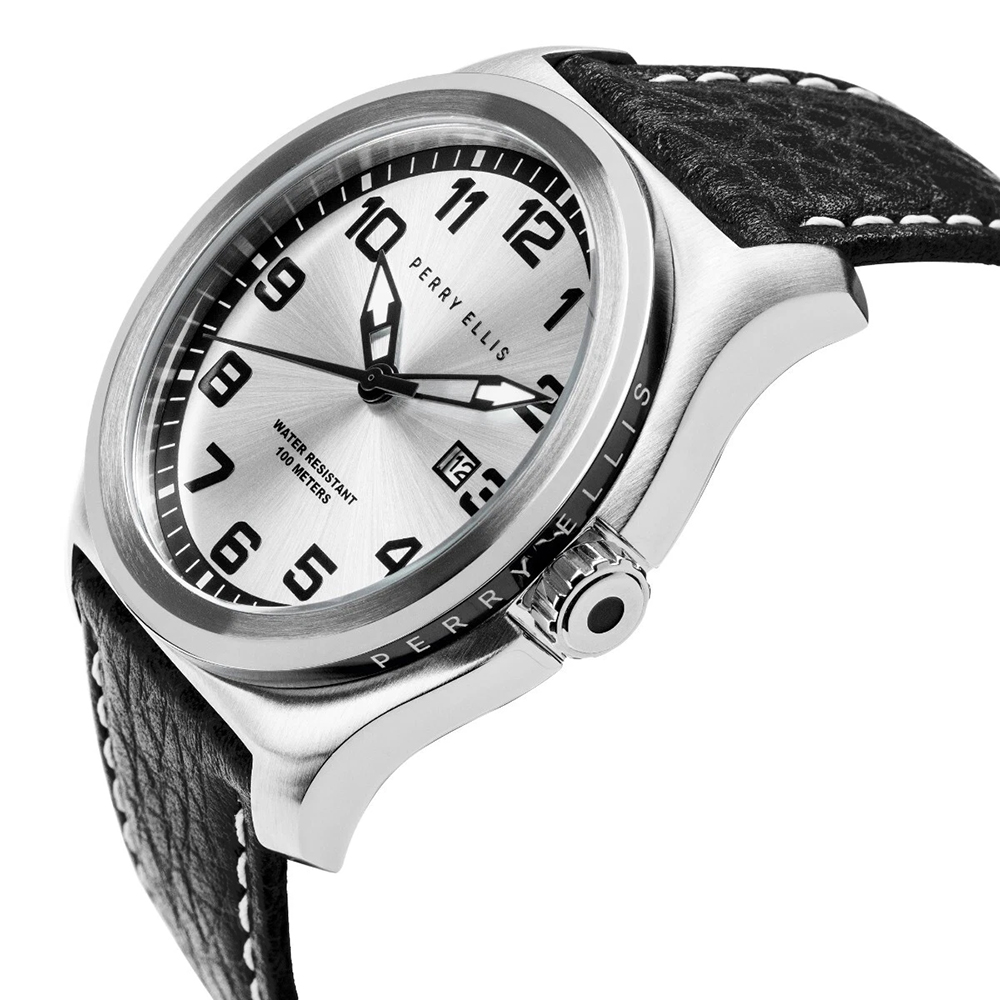 RELOJ PERRY ELLIS MEMPHIS 04002-01 FECHA CORREA DE CUERO NEGRO DIAL PLATEADO - 2