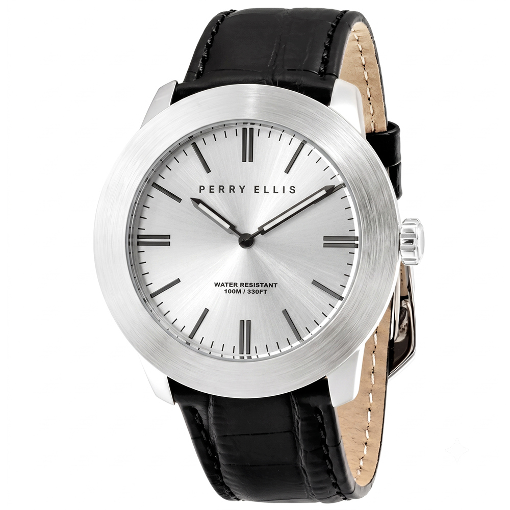 RELOJ PERRY ELLIS SLIM LINE 46 03012-01 CORREA DE CUERO NEGRO DIAL PLATEADO - 1