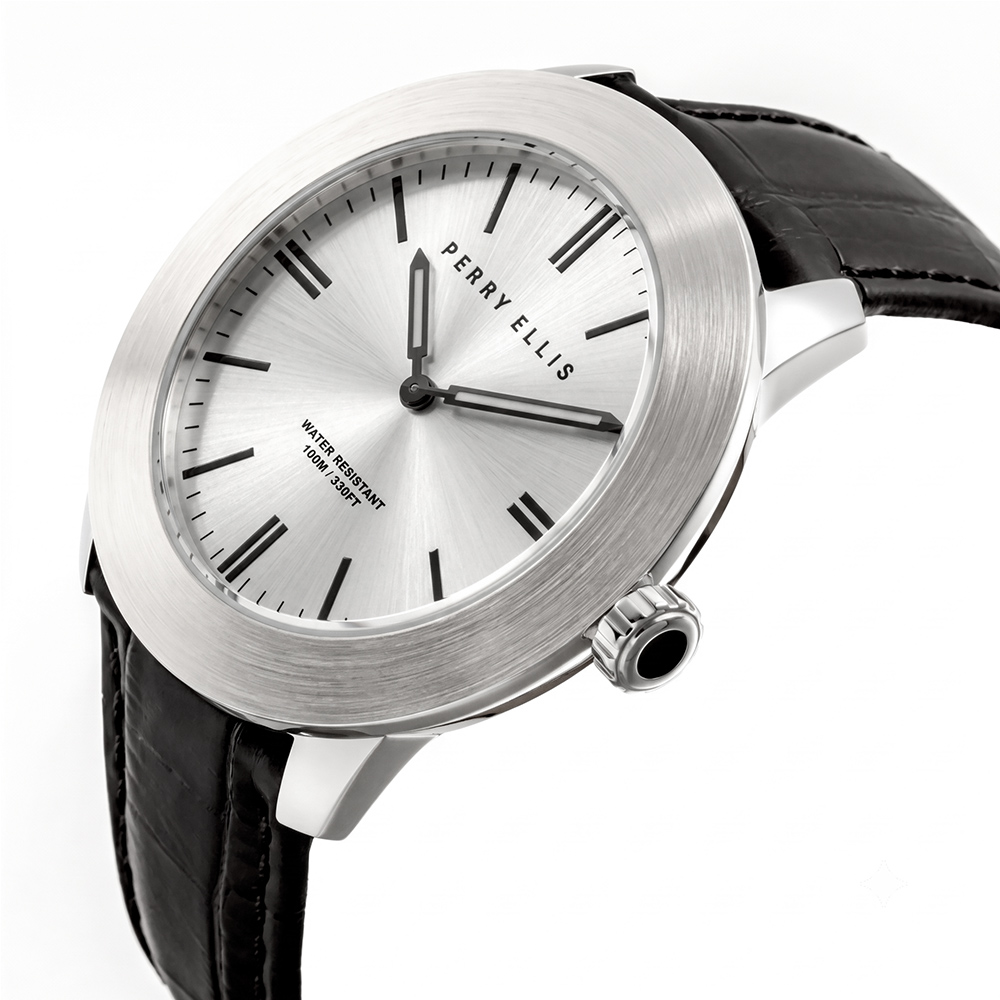 RELOJ PERRY ELLIS SLIM LINE 46 03012-01 CORREA DE CUERO NEGRO DIAL PLATEADO - 2
