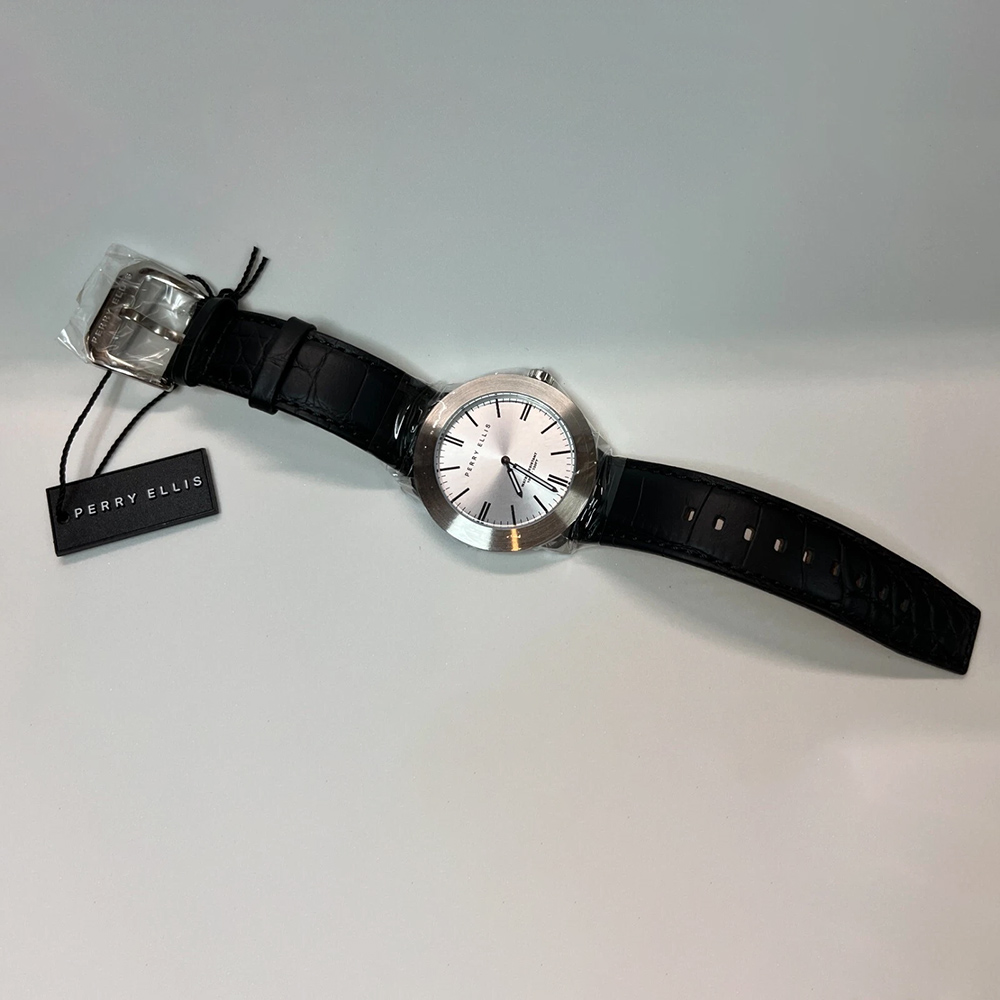 RELOJ PERRY ELLIS SLIM LINE 46 03012-01 CORREA DE CUERO NEGRO DIAL PLATEADO - 4