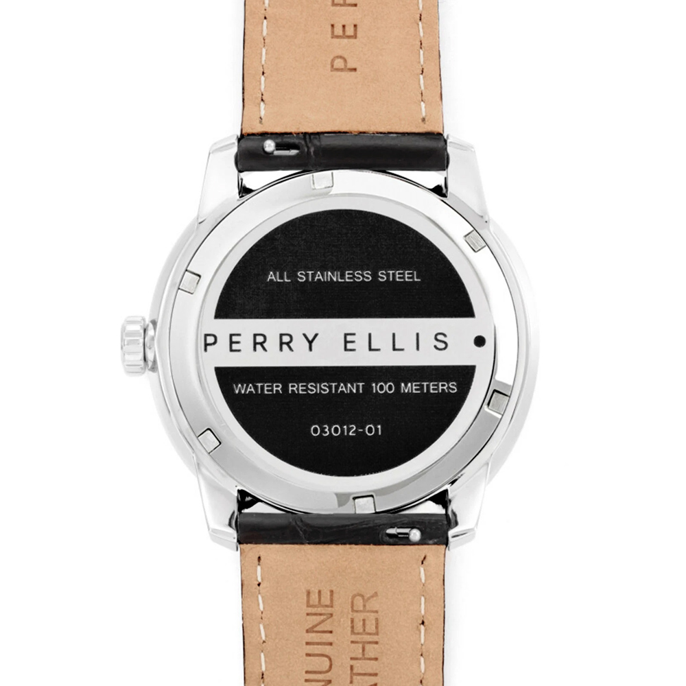 RELOJ PERRY ELLIS SLIM LINE 46 03012-01 CORREA DE CUERO NEGRO DIAL PLATEADO - 7