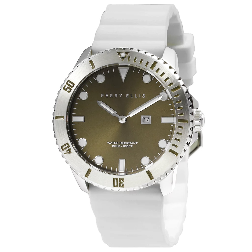 RELOJ PERRY ELLIS DEEP DIVER 42 06003-03 FECHA CORREA DE SILICONA BLANCO DIAL VERDE - 1