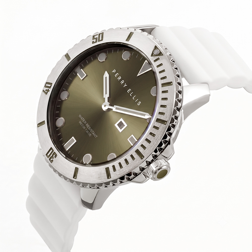 RELOJ PERRY ELLIS DEEP DIVER 42 06003-03 FECHA CORREA DE SILICONA BLANCO DIAL VERDE - 2