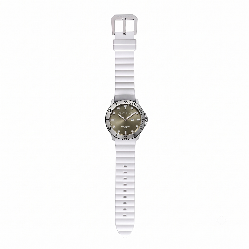 RELOJ PERRY ELLIS DEEP DIVER 42 06003-03 FECHA CORREA DE SILICONA BLANCO DIAL VERDE - 5
