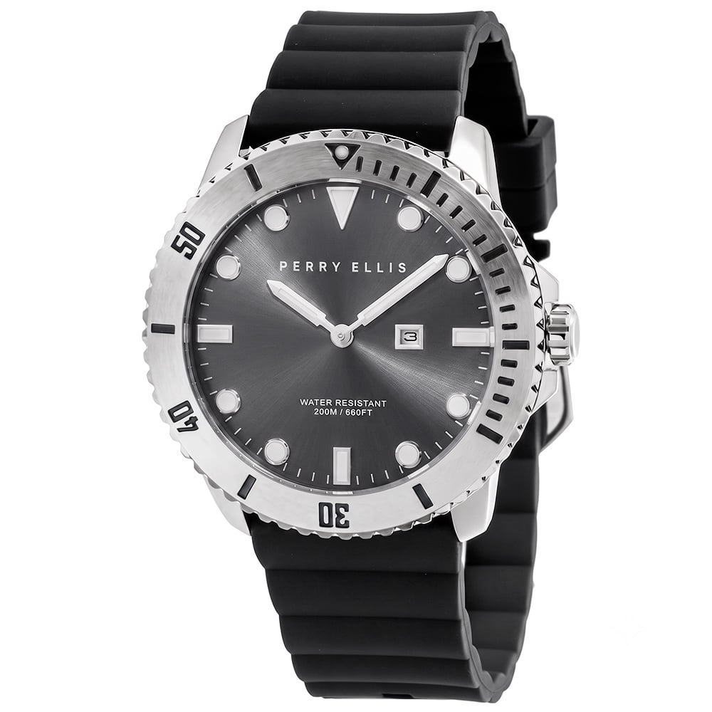 RELOJ PERRY ELLIS DEEP DIVER 42 06001-03 FECHA CORREA DE SILICONA NEGRO DIAL GRIS OSCURO - 1