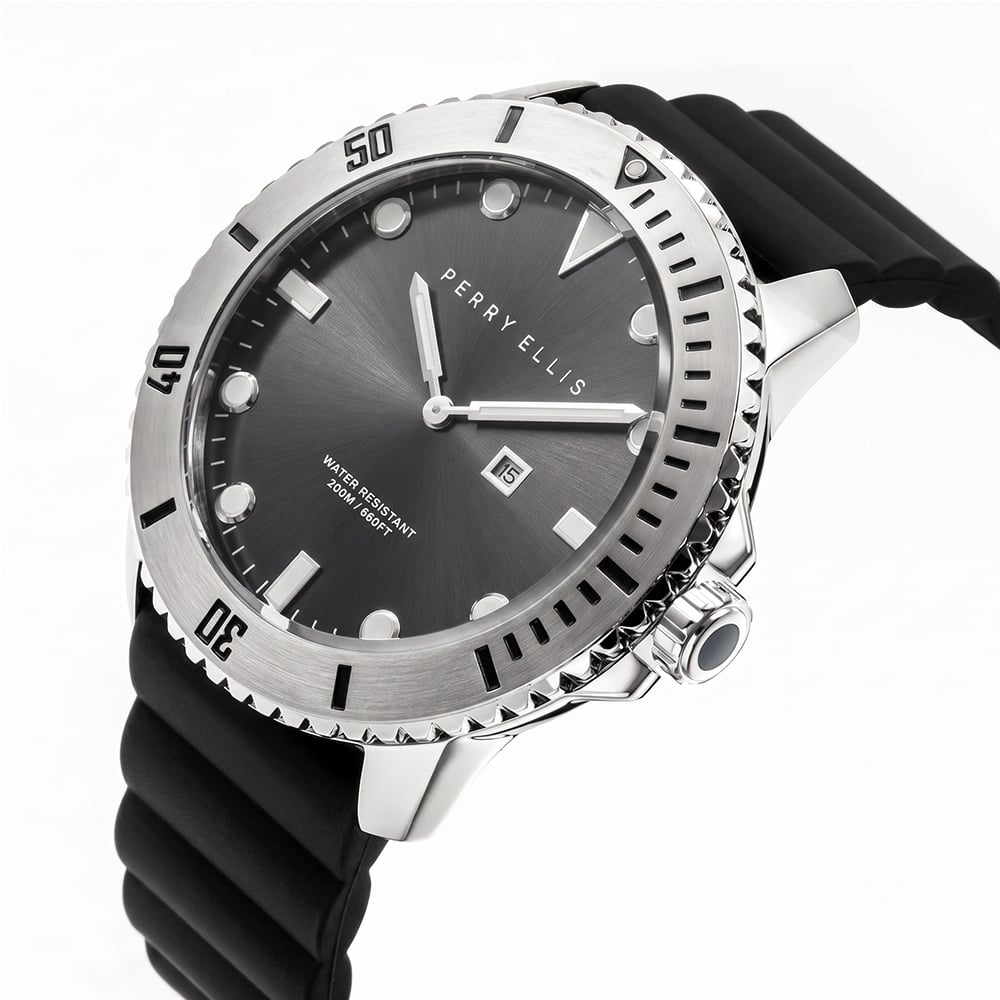 RELOJ PERRY ELLIS DEEP DIVER 42 06001-03 FECHA CORREA DE SILICONA NEGRO DIAL GRIS OSCURO - 2