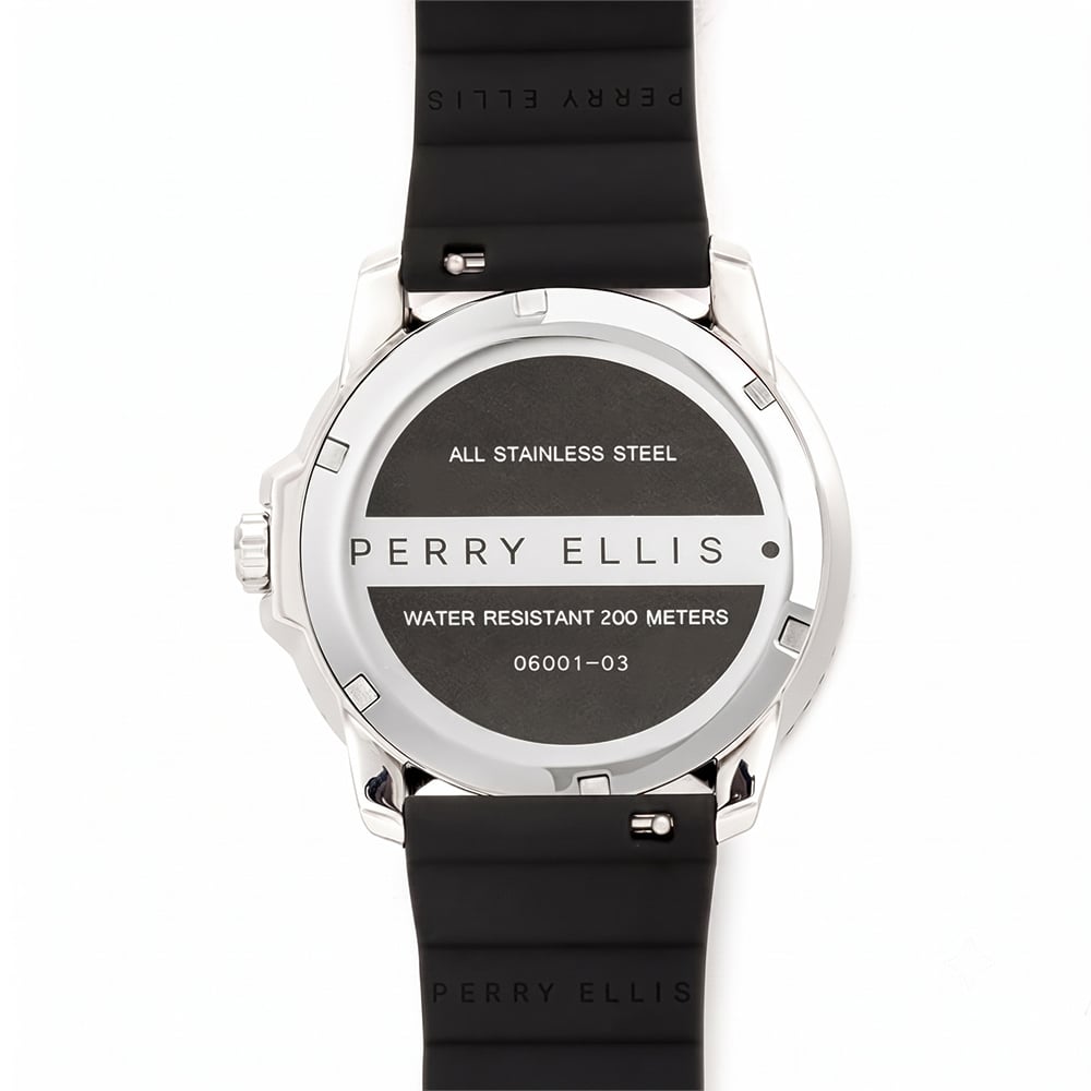 RELOJ PERRY ELLIS DEEP DIVER 42 06001-03 FECHA CORREA DE SILICONA NEGRO DIAL GRIS OSCURO - 5