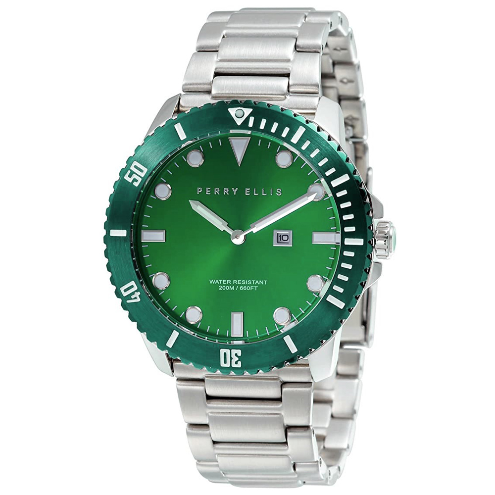 RELOJ PERRY ELLIS DEEP DIVER 42 06006-02 FECHA ACERO INOXIDABLE DIAL VERDE - 1