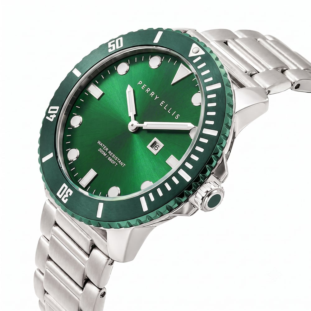 RELOJ PERRY ELLIS DEEP DIVER 42 06006-02 FECHA ACERO INOXIDABLE DIAL VERDE - 2