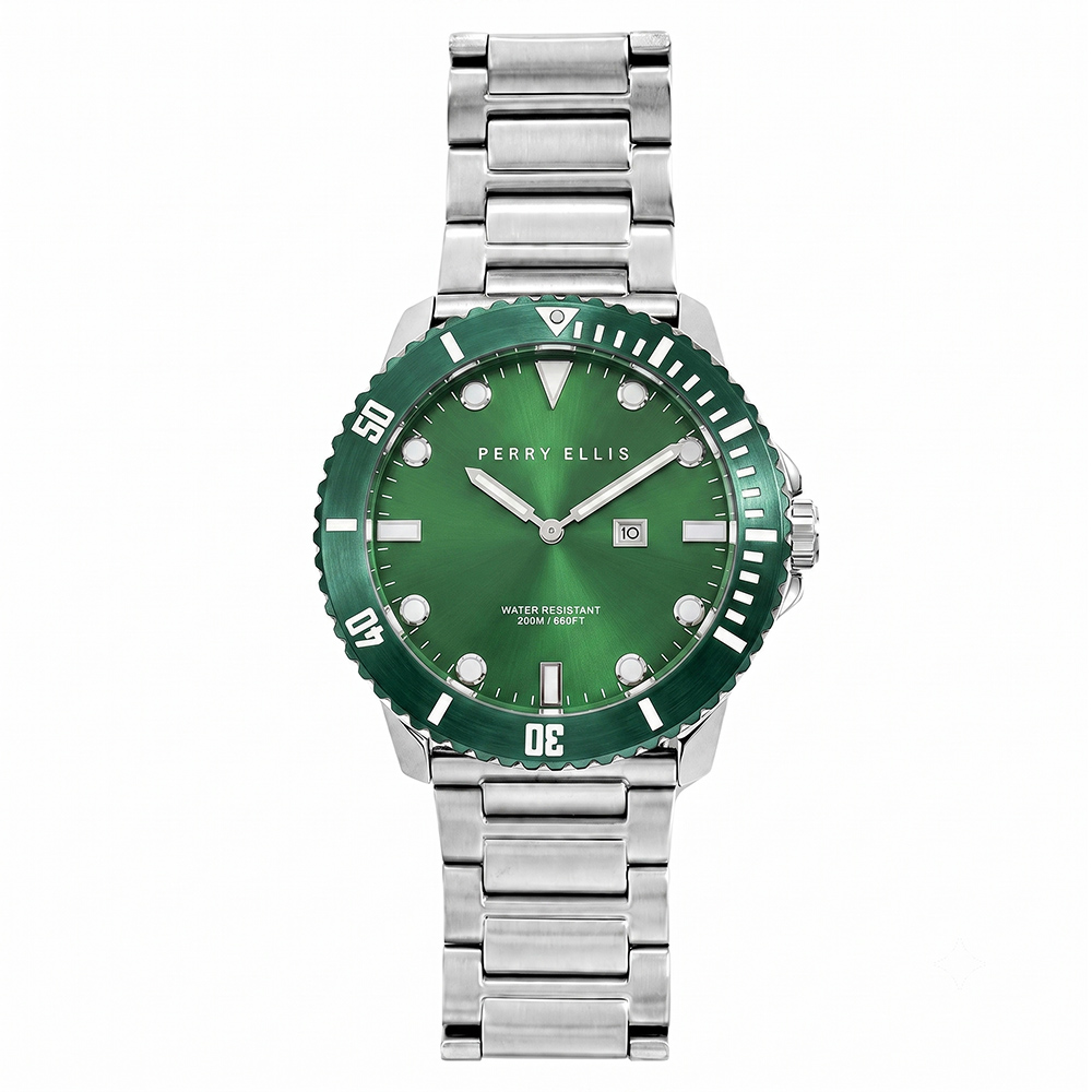 RELOJ PERRY ELLIS DEEP DIVER 42 06006-02 FECHA ACERO INOXIDABLE DIAL VERDE - 5
