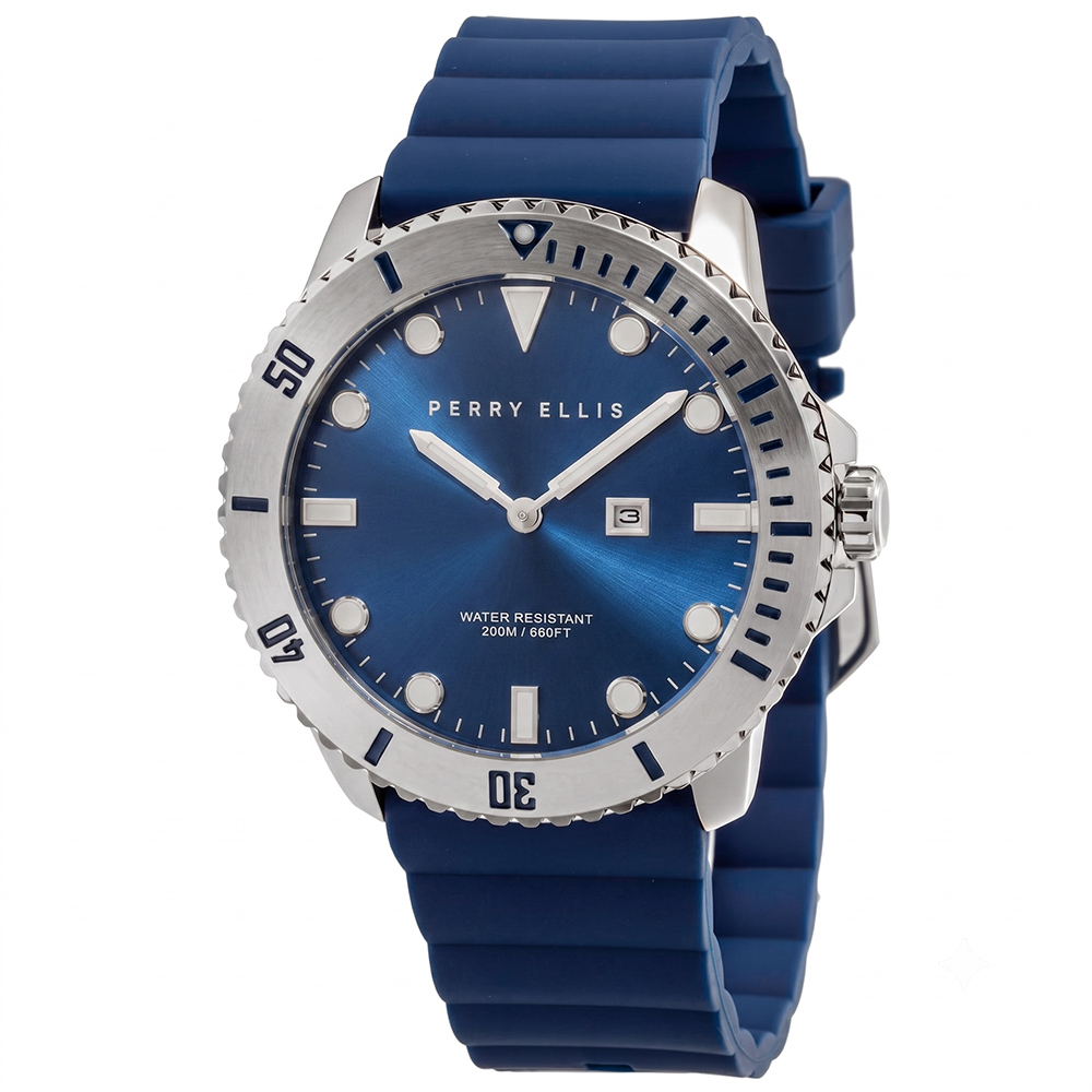 RELOJ PERRY ELLIS DEEP DIVER 42 06002-03 FECHA CORREA DE SILICONA Y DIAL AZUL - 1