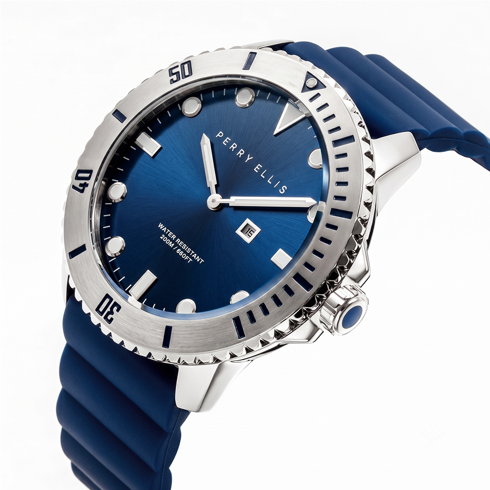 RELOJ PERRY ELLIS DEEP DIVER 42 06002-03 FECHA CORREA DE SILICONA Y DIAL AZUL - 2