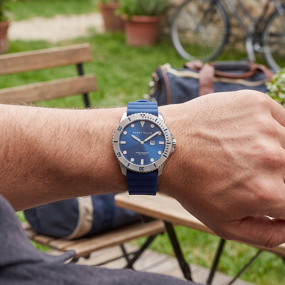 RELOJ PERRY ELLIS DEEP DIVER 42 06002-03 FECHA CORREA DE SILICONA Y DIAL AZUL - 3