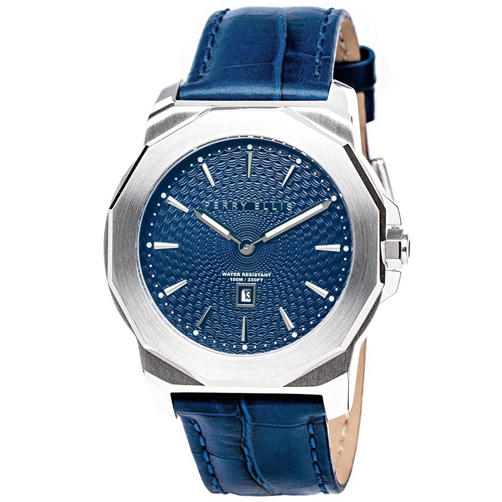RELOJ PERRY ELLIS DECAGON 42 08001-01 FECHA CORREA DE CUERO Y DIAL AZUL - 1
