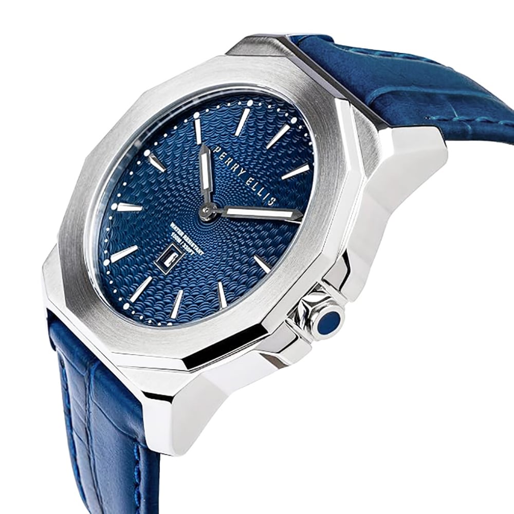 RELOJ PERRY ELLIS DECAGON 42 08001-01 FECHA CORREA DE CUERO Y DIAL AZUL - 2
