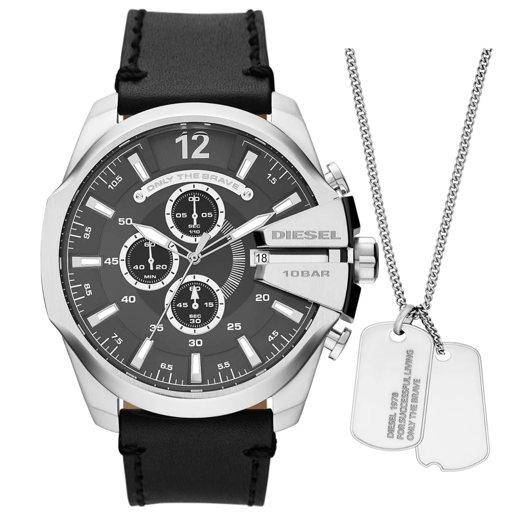 RELOJ HOMBRE ANÁLOGO DIESEL MEGA CHIEF DZ4559 SET CON COLLAR FECHA CRONÓMETRO CORREA DE CUERO NEGRO - 1