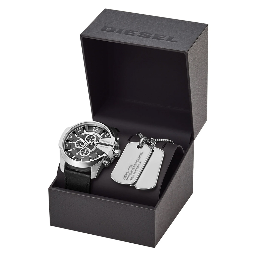 RELOJ HOMBRE ANÁLOGO DIESEL MEGA CHIEF DZ4559 SET CON COLLAR FECHA CRONÓMETRO CORREA DE CUERO NEGRO - 4