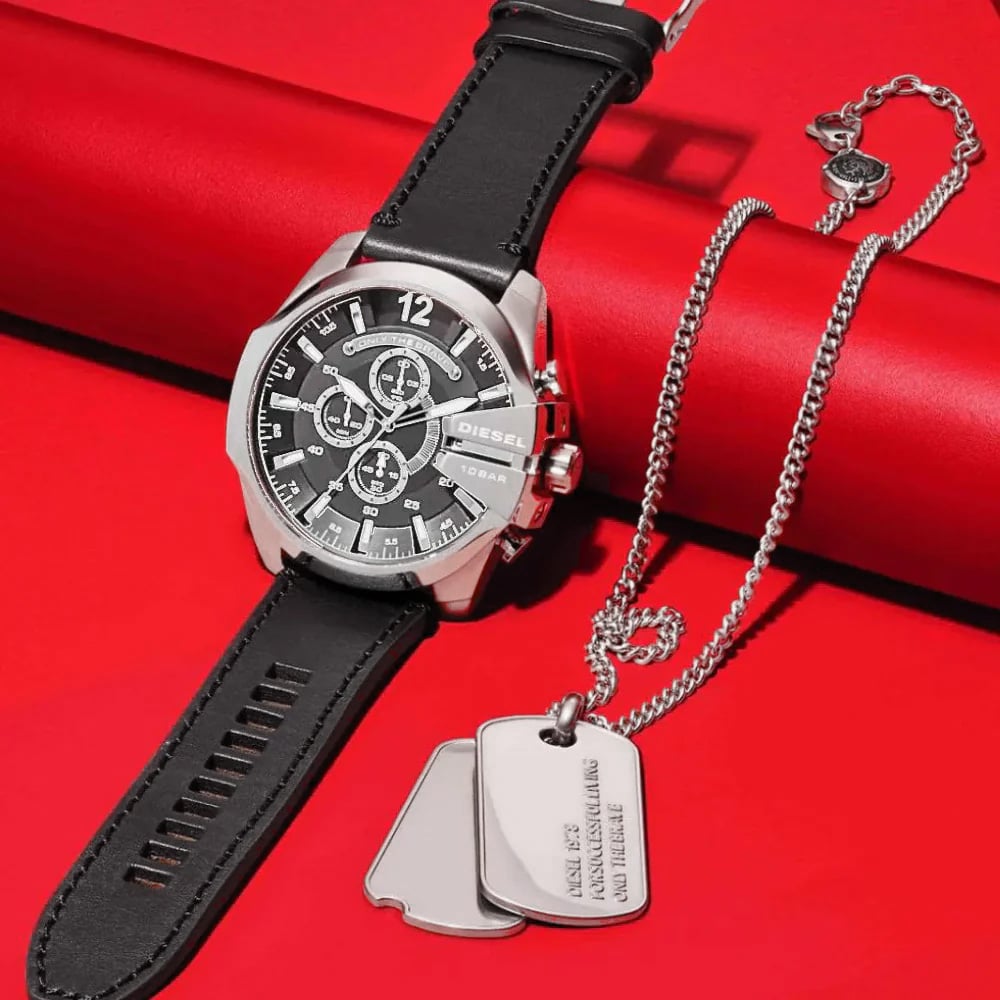 RELOJ HOMBRE ANÁLOGO DIESEL MEGA CHIEF DZ4559 SET CON COLLAR FECHA CRONÓMETRO CORREA DE CUERO NEGRO - 6