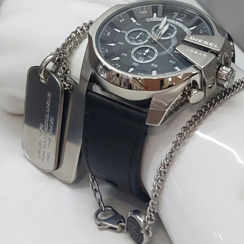 RELOJ HOMBRE ANÁLOGO DIESEL MEGA CHIEF DZ4559 SET CON COLLAR FECHA CRONÓMETRO CORREA DE CUERO NEGRO - 7