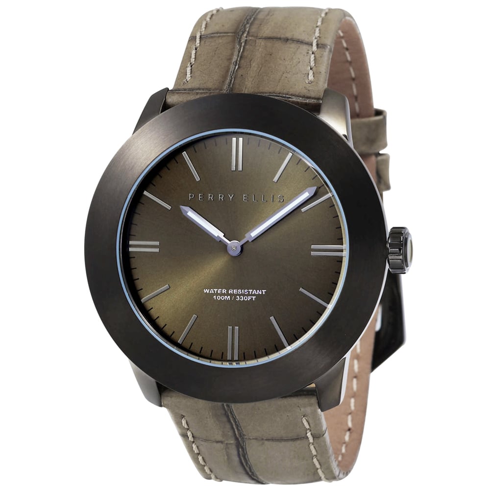 RELOJ PERRY ELLIS SLIM LINE 46 03006-01 ACERO INOXIDABLE NEGRO CORREA DE CUERO BEIGE - 1