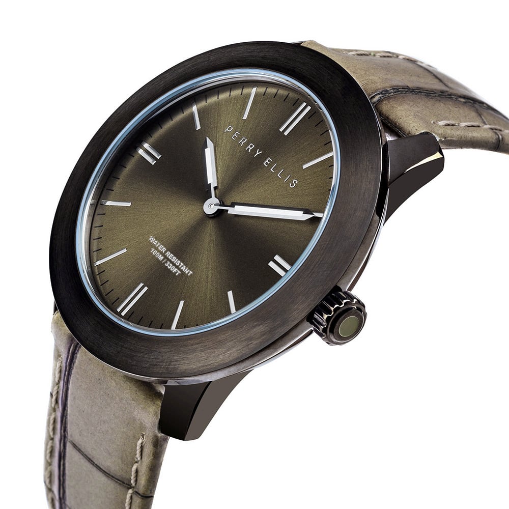 RELOJ PERRY ELLIS SLIM LINE 46 03006-01 ACERO INOXIDABLE NEGRO CORREA DE CUERO BEIGE - 2