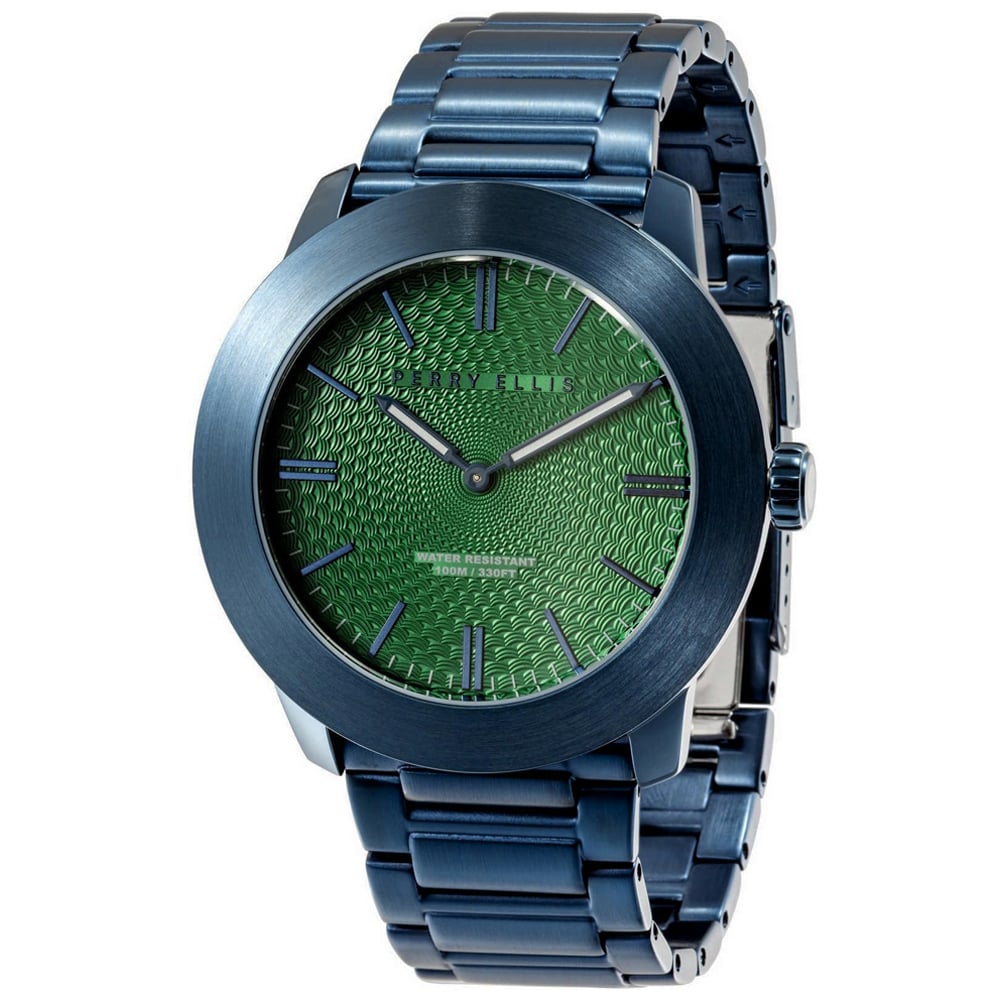 RELOJ PERRY ELLIS SLIM LINE 46 03012-02 ACERO INOXIDABLE AZUL DIAL VERDE - 1