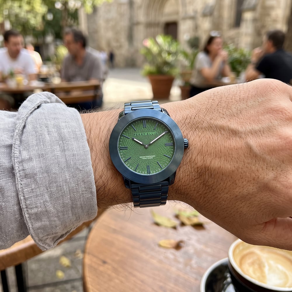 RELOJ PERRY ELLIS SLIM LINE 46 03012-02 ACERO INOXIDABLE AZUL DIAL VERDE - 3