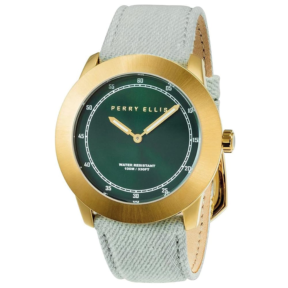 RELOJ PERRY ELLIS NEW SLIM LINE 11003-05 CORREA DE  CUERO Y DENIM DIAL VERDE - 1