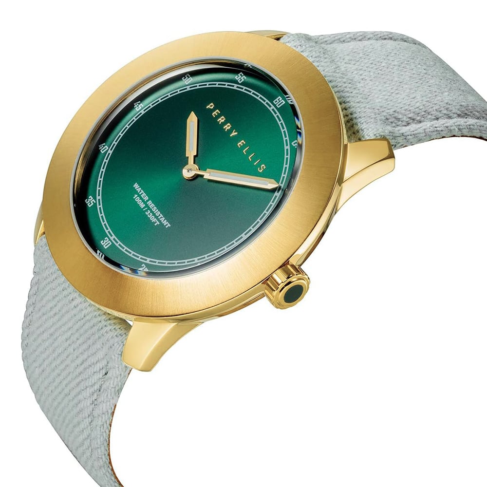 RELOJ PERRY ELLIS NEW SLIM LINE 11003-05 CORREA DE  CUERO Y DENIM DIAL VERDE - 2