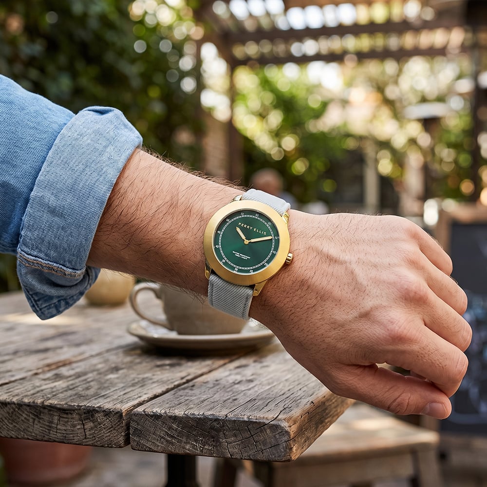 RELOJ PERRY ELLIS NEW SLIM LINE 11003-05 CORREA DE  CUERO Y DENIM DIAL VERDE - 3
