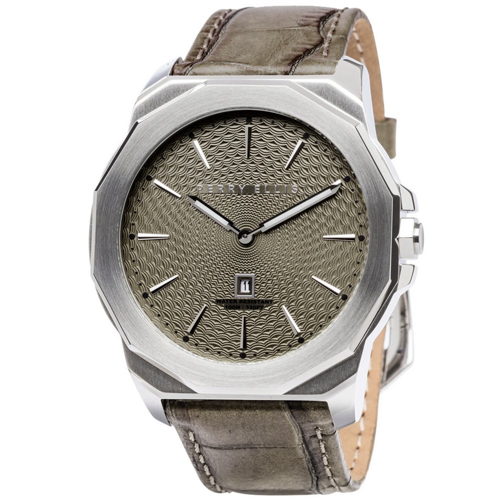 RELOJ PERRY ELLIS DECAGON 46 05004-01 FECHA ACERO INOXIDABLE CORREA DE CUERO BEIGE DIAL VERDE - 1