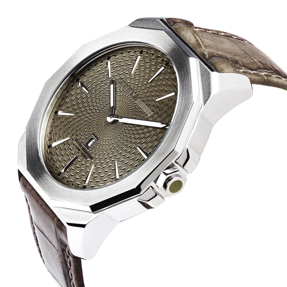 RELOJ PERRY ELLIS DECAGON 46 05004-01 FECHA ACERO INOXIDABLE CORREA DE CUERO BEIGE DIAL VERDE - 2