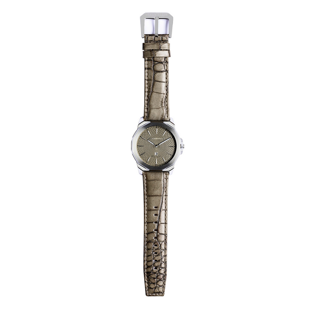 RELOJ PERRY ELLIS DECAGON 46 05004-01 FECHA ACERO INOXIDABLE CORREA DE CUERO BEIGE DIAL VERDE - 5