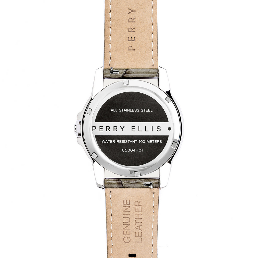 RELOJ PERRY ELLIS DECAGON 46 05004-01 FECHA ACERO INOXIDABLE CORREA DE CUERO BEIGE DIAL VERDE - 6