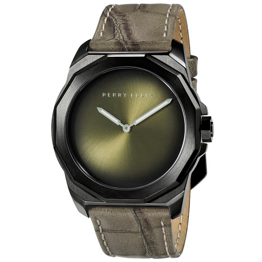 RELOJ PERRY ELLIS DECAGON FADING 10004-01 CORREA DE CUERO BEIGE DIAL VERDE - 1
