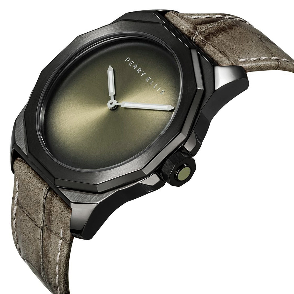 RELOJ PERRY ELLIS DECAGON FADING 10004-01 CORREA DE CUERO BEIGE DIAL VERDE - 2