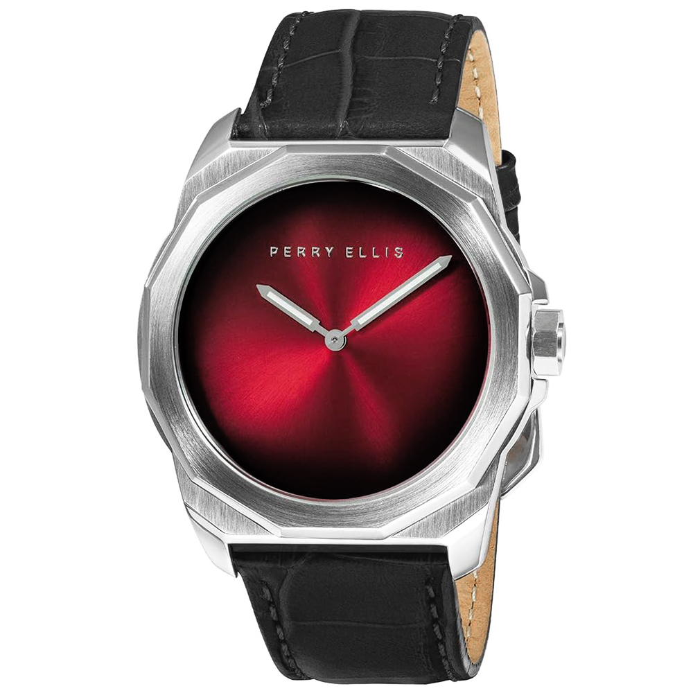 RELOJ PERRY ELLIS DECAGON FADING 10001-01 CORREA DE CUERO NEGRO DIAL ROJO - 1
