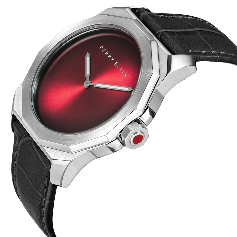 RELOJ PERRY ELLIS DECAGON FADING 10001-01 CORREA DE CUERO NEGRO DIAL ROJO - 2