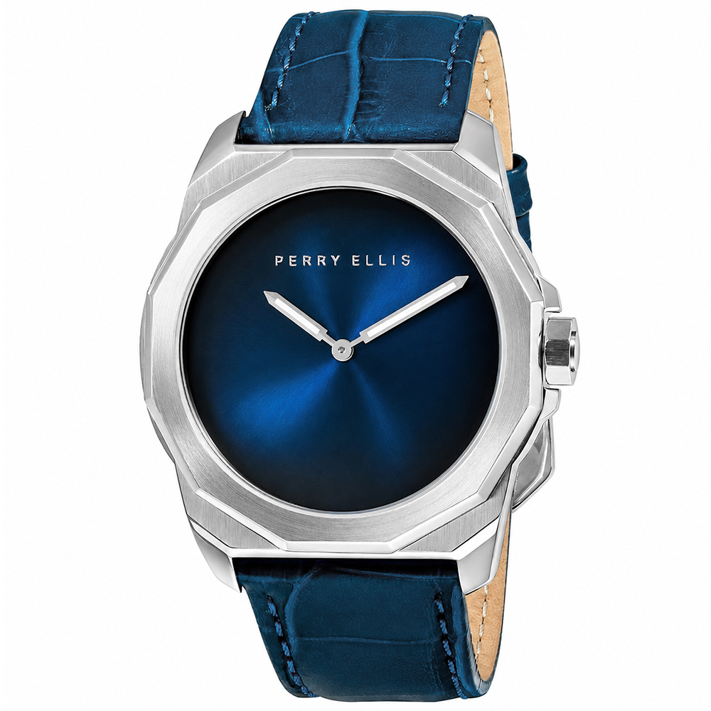 RELOJ PERRY ELLIS DECAGON FADING 10002-01 CORREA DE CUERO Y DIAL AZUL - 1