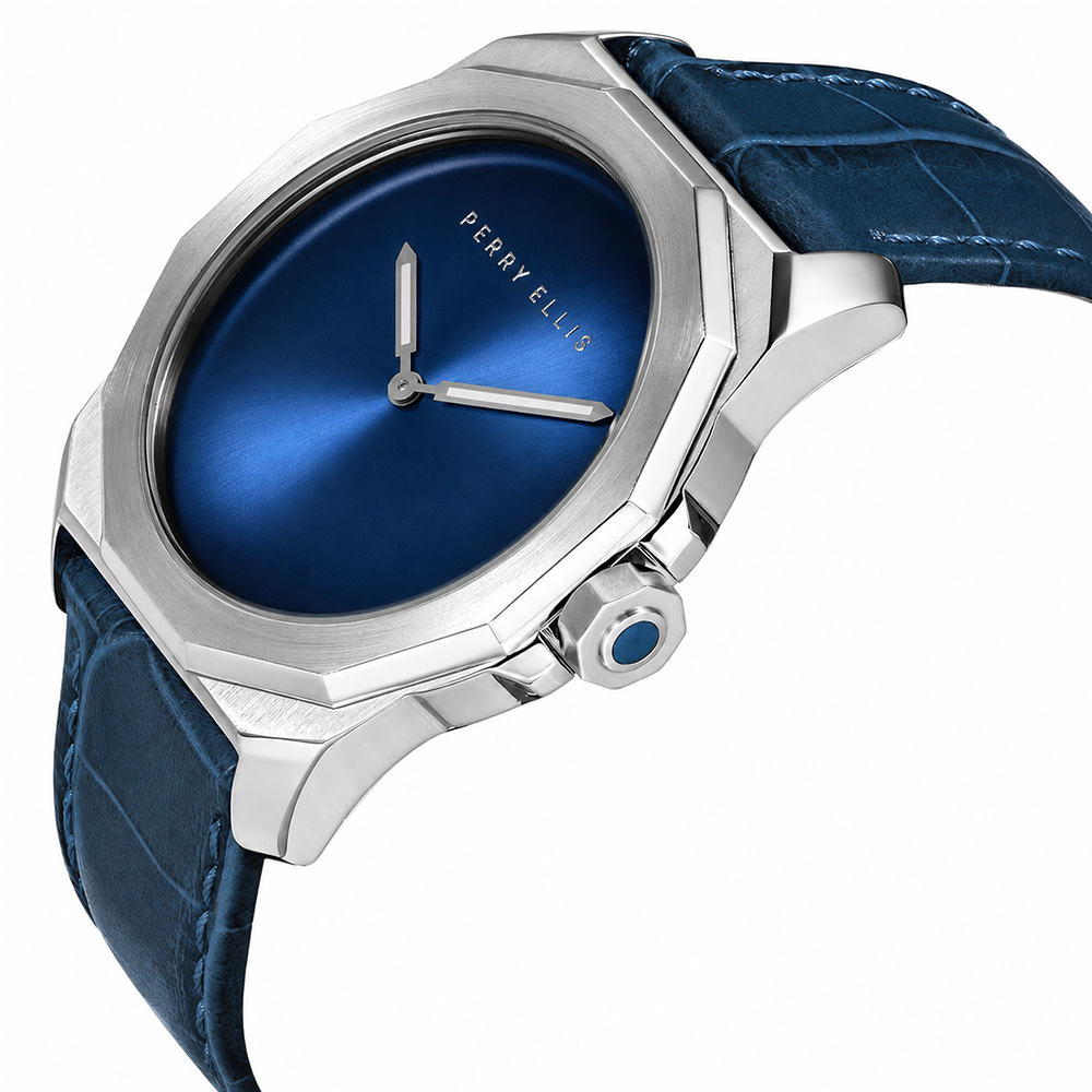 RELOJ PERRY ELLIS DECAGON FADING 10002-01 CORREA DE CUERO Y DIAL AZUL - 2