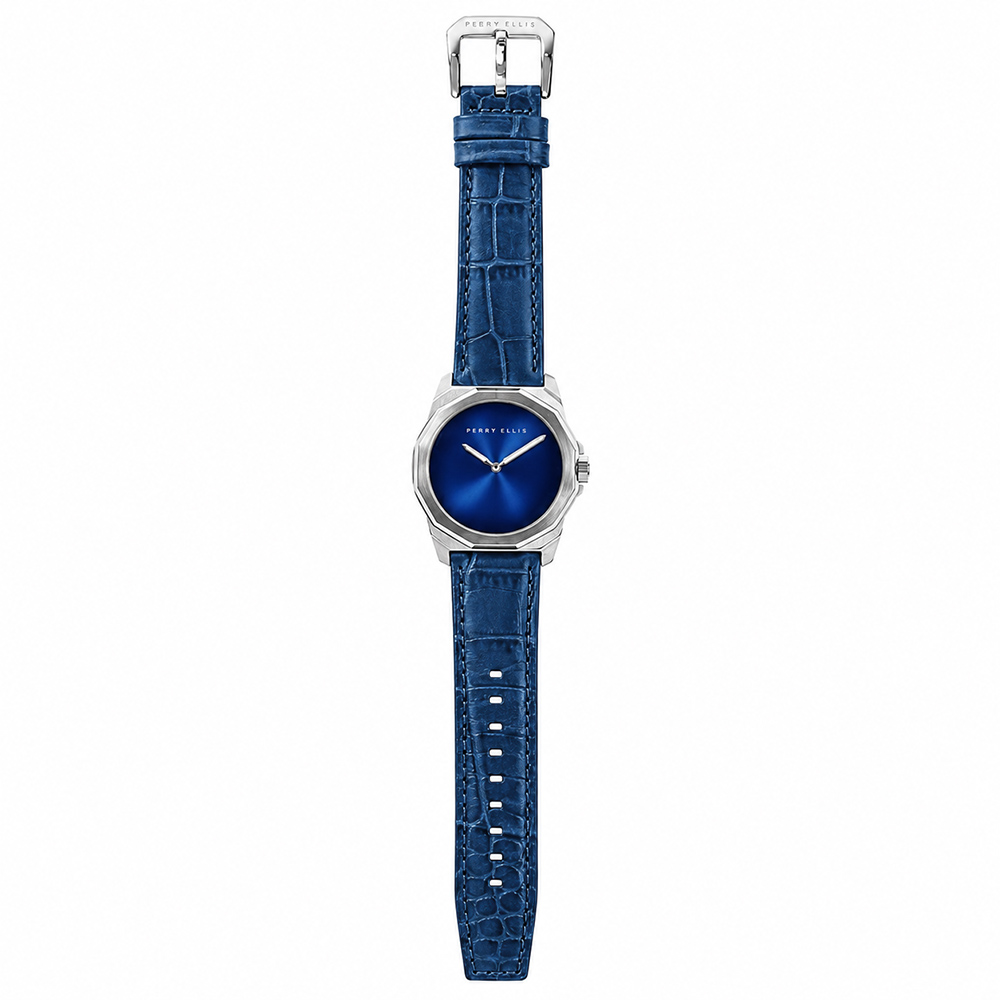 RELOJ PERRY ELLIS DECAGON FADING 10002-01 CORREA DE CUERO Y DIAL AZUL - 5
