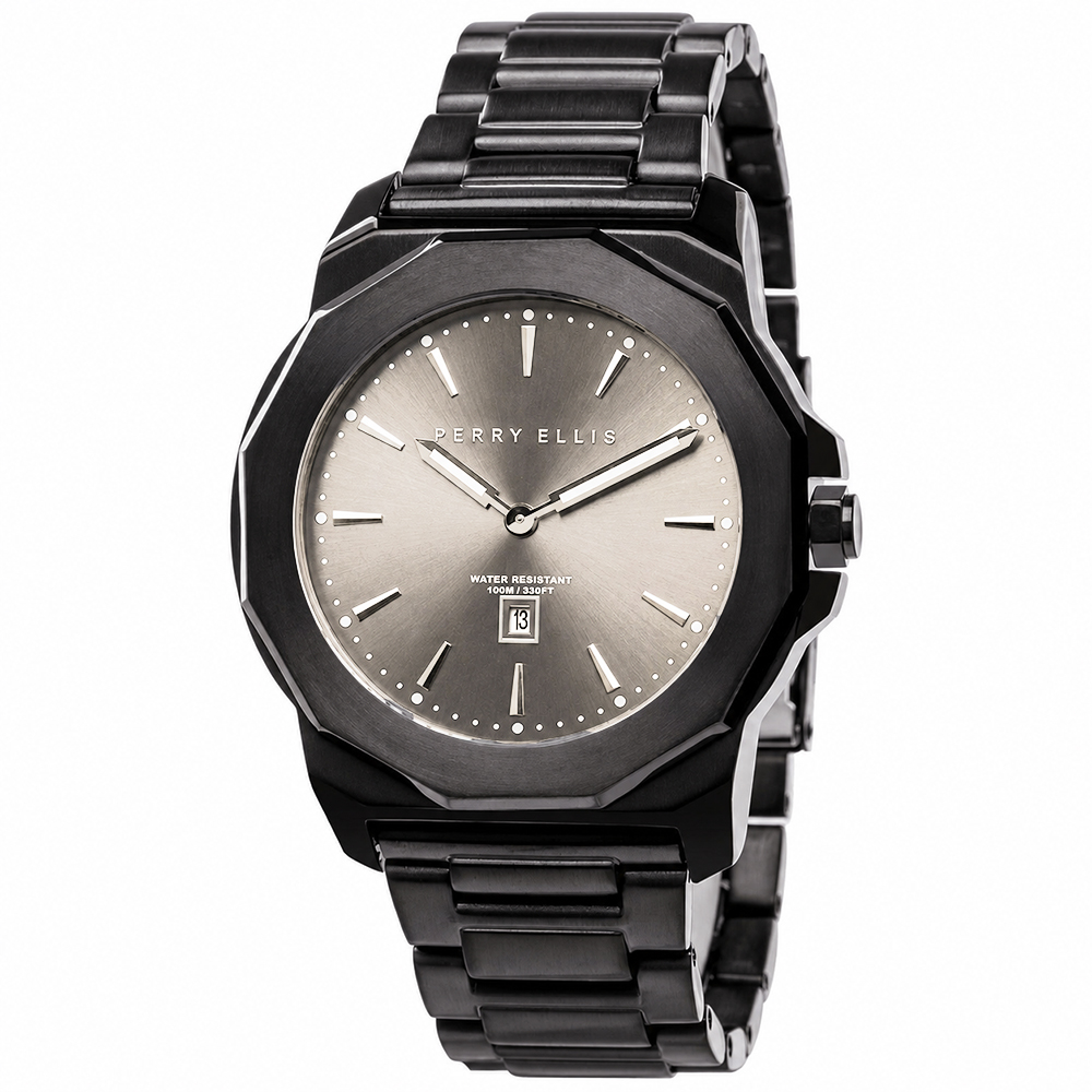 RELOJ PERRY ELLIS DECAGON 42 08005-02 FECHA ACERO INOXIDABLE NEGRO DIAL BEIGE - 1