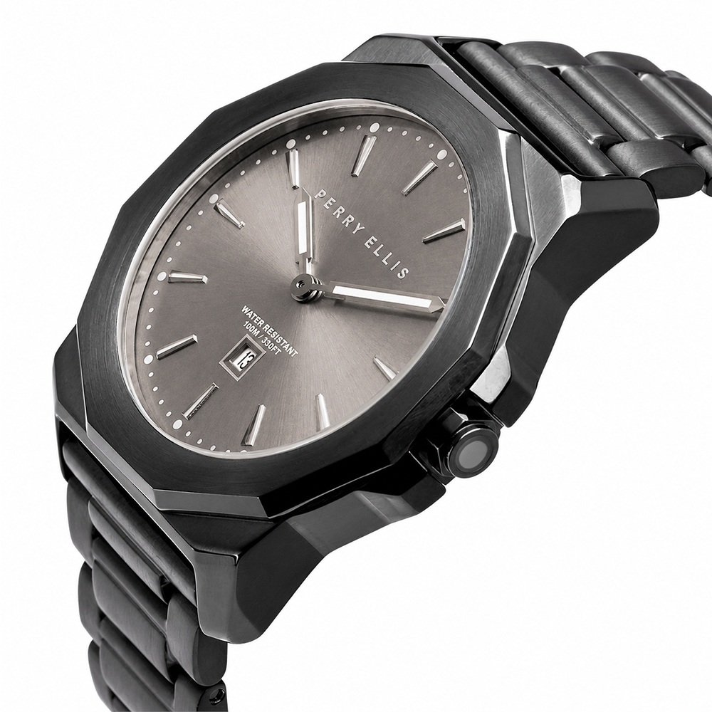 RELOJ PERRY ELLIS DECAGON 42 08005-02 FECHA ACERO INOXIDABLE NEGRO DIAL BEIGE - 2