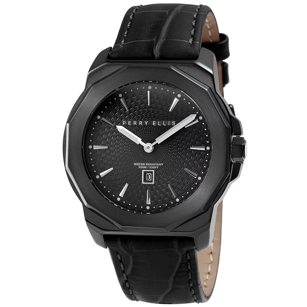 RELOJ PERRY ELLIS DECAGON 42 08007-01 FECHA ACERO INOXIDABLE CORREA DE CUERO Y DIAL NEGRO - 1