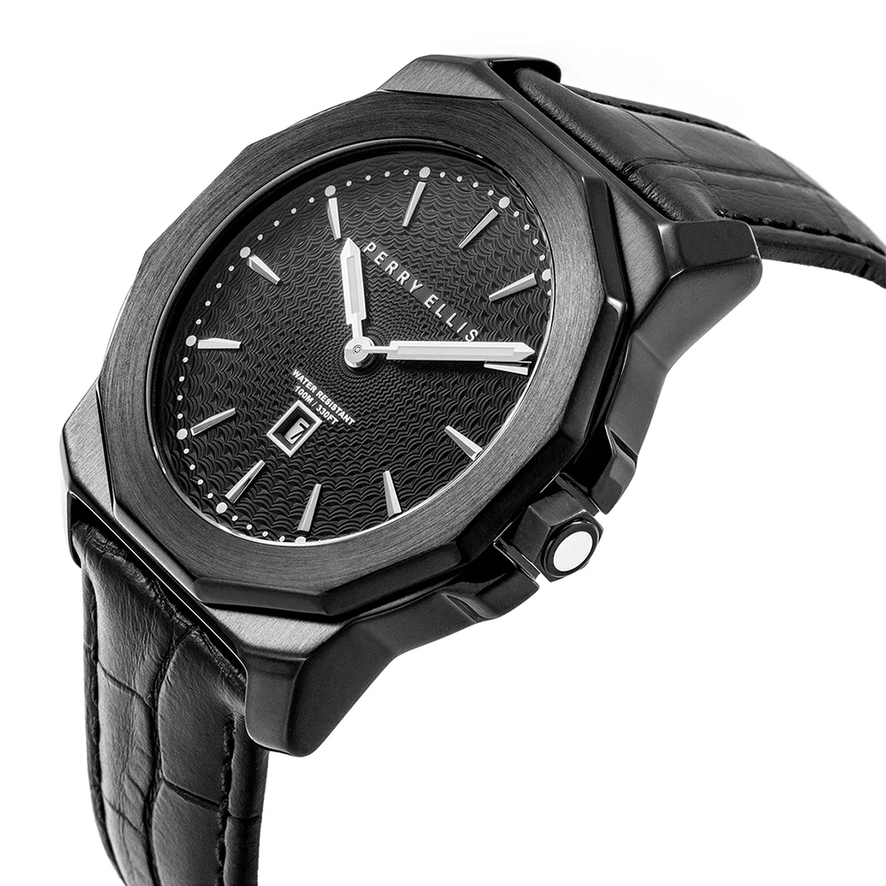 RELOJ PERRY ELLIS DECAGON 42 08007-01 FECHA ACERO INOXIDABLE CORREA DE CUERO Y DIAL NEGRO - 2