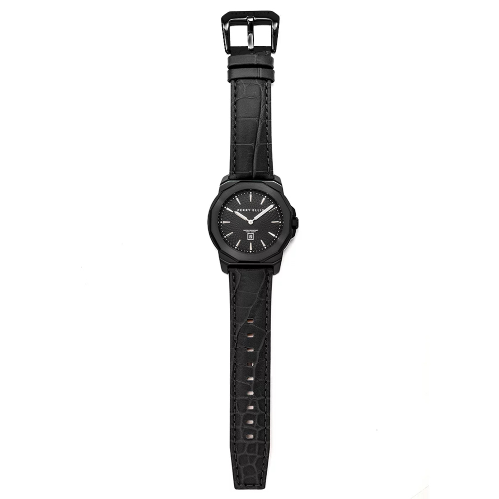 RELOJ PERRY ELLIS DECAGON 42 08007-01 FECHA ACERO INOXIDABLE CORREA DE CUERO Y DIAL NEGRO - 5