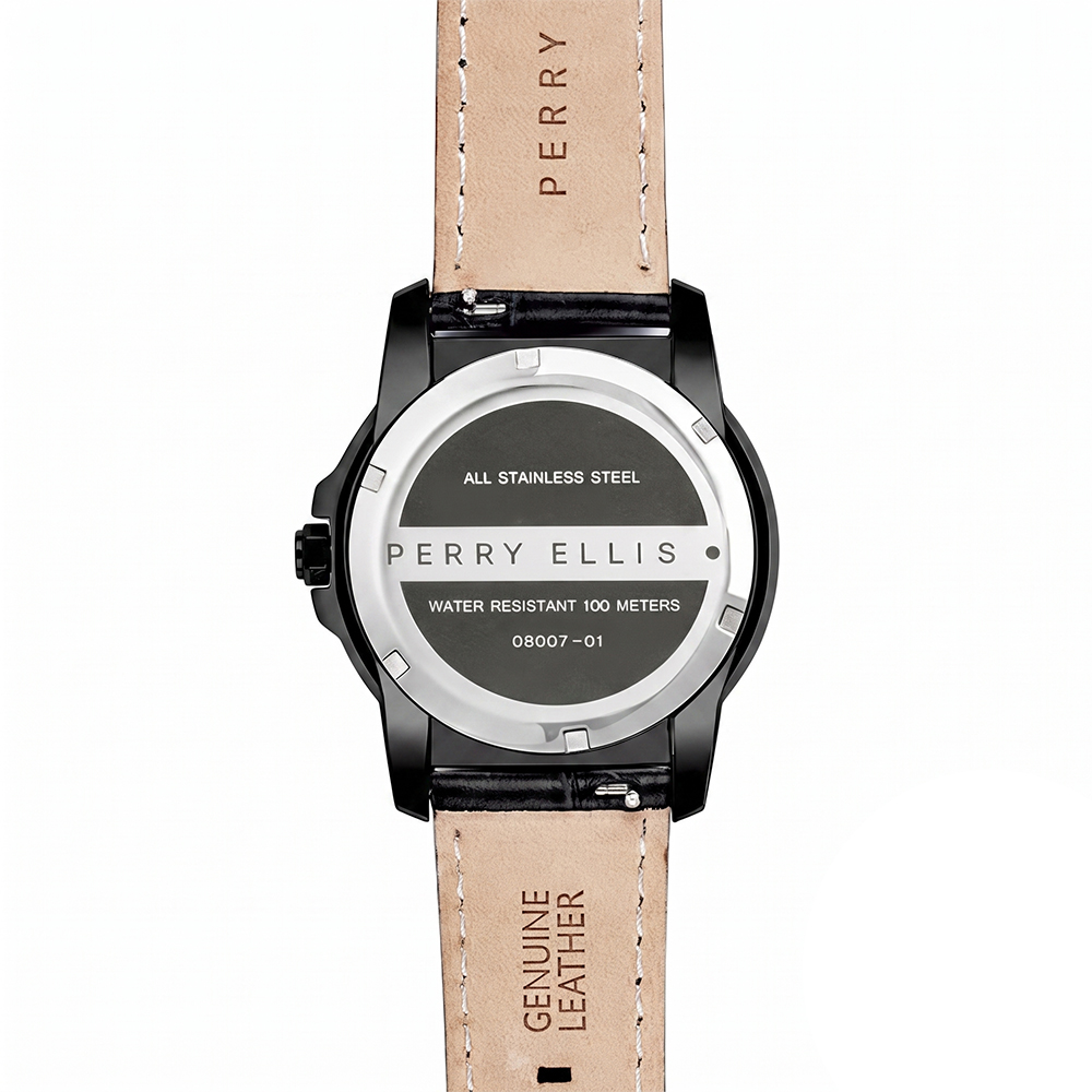 RELOJ PERRY ELLIS DECAGON 42 08007-01 FECHA ACERO INOXIDABLE CORREA DE CUERO Y DIAL NEGRO - 6
