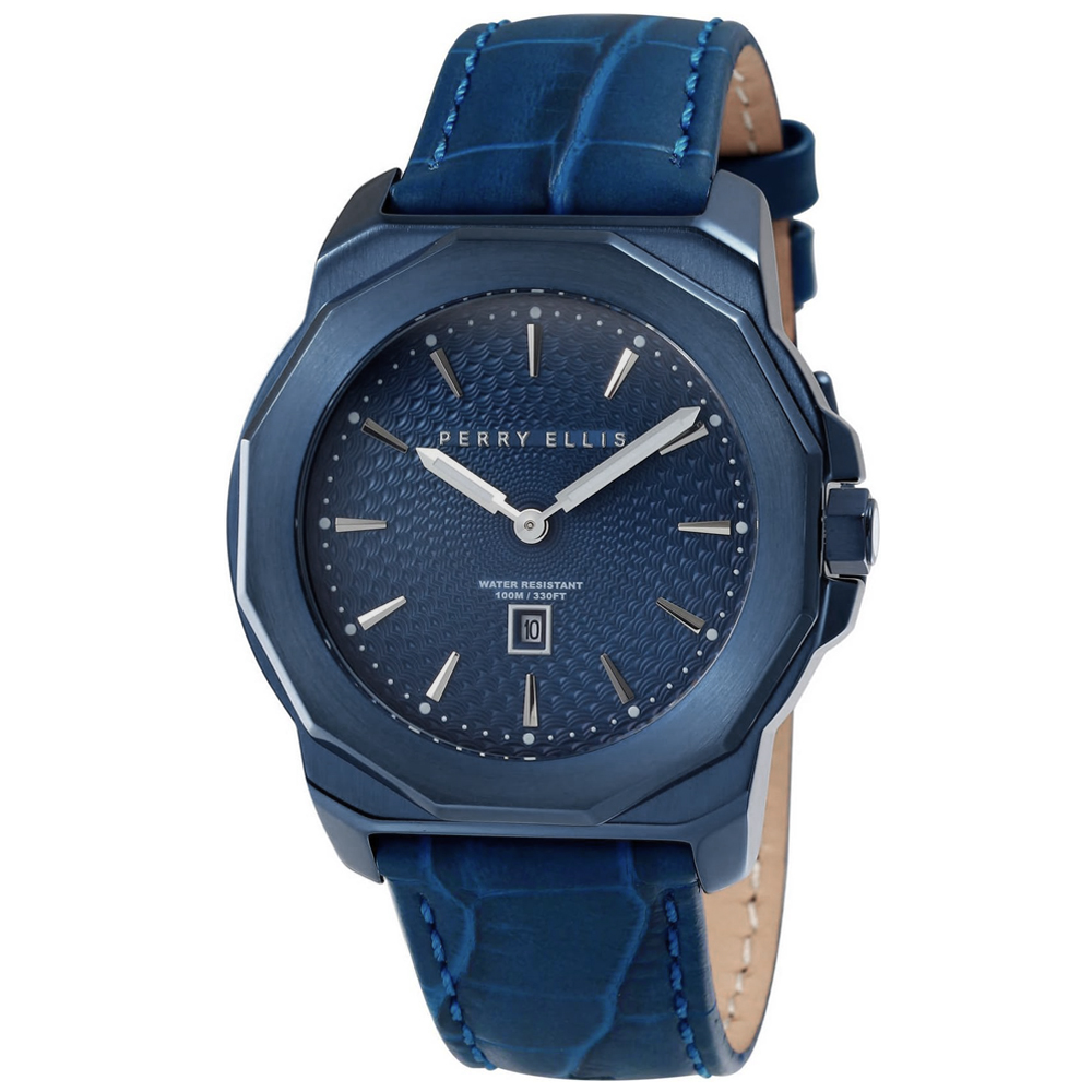 RELOJ PERRY ELLIS DECAGON 42 08006-01 FECHA ACERO INOXIDABLE CORREA DE CUERO Y DIAL AZUL - 1