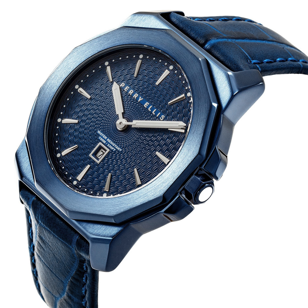 RELOJ PERRY ELLIS DECAGON 42 08006-01 FECHA ACERO INOXIDABLE CORREA DE CUERO Y DIAL AZUL - 2