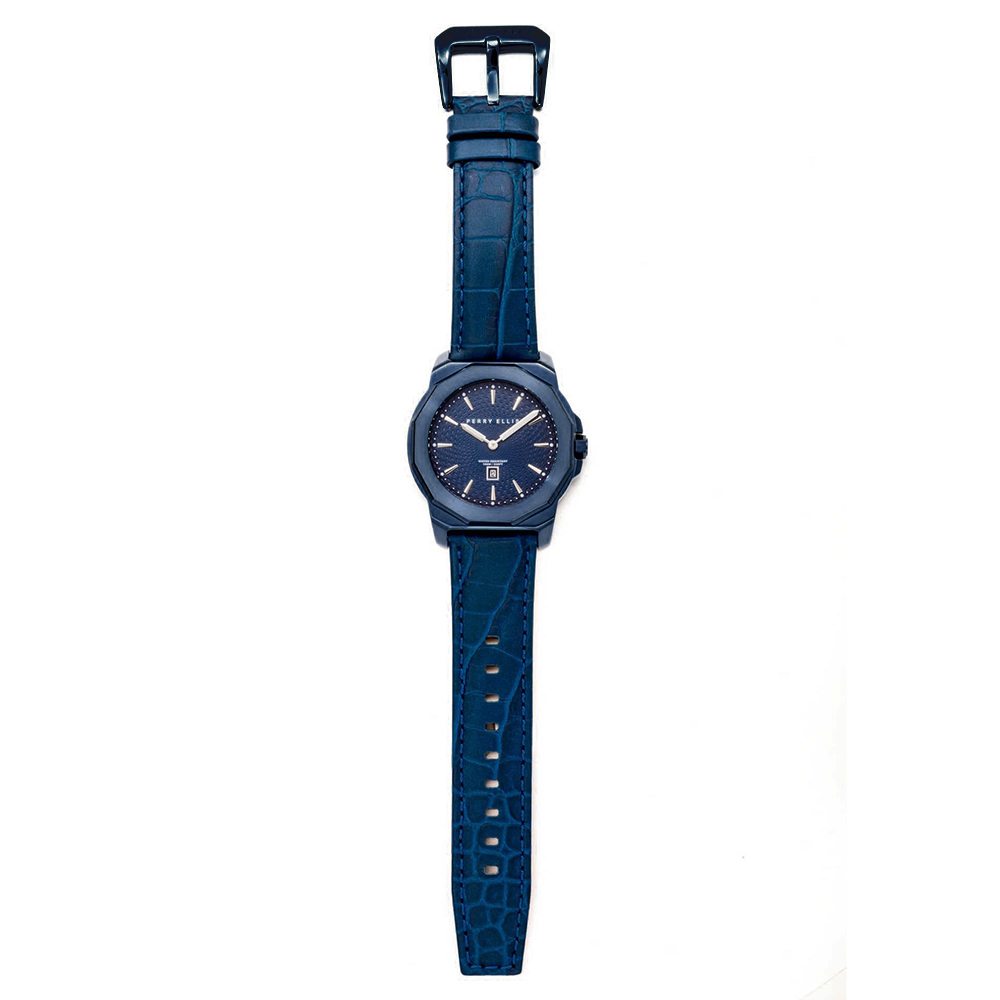 RELOJ PERRY ELLIS DECAGON 42 08006-01 FECHA ACERO INOXIDABLE CORREA DE CUERO Y DIAL AZUL - 5